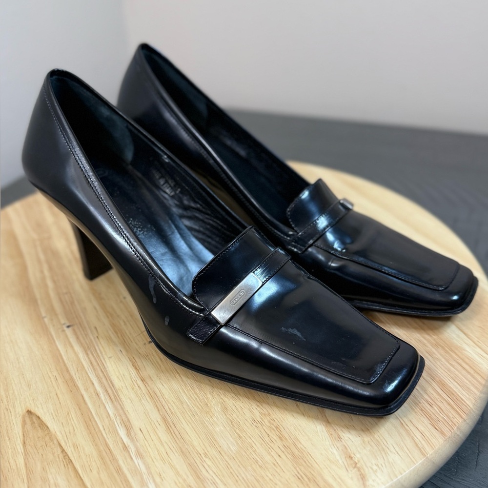 Coach Black Leather Square-Toe Mid Heel Pumps